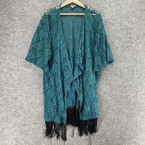 LulaRoe Top Women L Large Blue Floral Crochet Fringe Short Sleeve Open Front